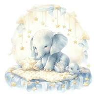 AI generated An elephant on a bed with stars and blankets around the circle. AI Generated photo