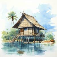 AI generated A watercolored bright serene image of a traditional bahay kubo. AI Generated photo