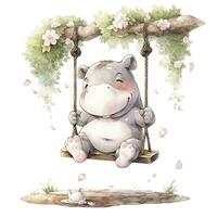 AI generated Cute happy baby rhino on swings in the tree in watercolor style. AI Generated photo