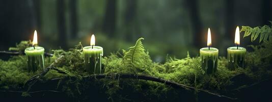 ai generado ardiente velas en musgo, oscuro verde borroso el natural antecedentes. magia vela. generativo ai foto