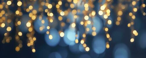 AI generated holiday illumination and decoration concept, Christmas garland bokeh lights over dark blue background. AI Generated photo