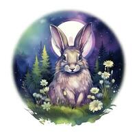 AI generated Watercolor Rabbit and Glowing Moon for T-shirt Design. AI Generated photo