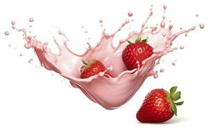 AI generated milk or yogurt splash with strawberries isolated on white background, 3d rendering. AI Generated photo
