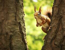 ai generado hermosa ardilla en un árbol en un bosque parque en el verano. generativo ai foto