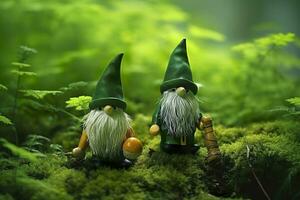 ai generado juguete irlandesa gnomos en un misterio bosque, resumen verde natural antecedentes. generativo ai foto