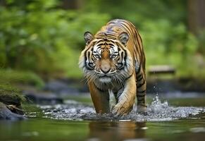 AI generated Amur tiger walking in the water. Dangerous animal.  Animal in a green forest stream. Generative AI photo