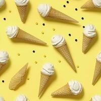 AI generated Ice Cream pattern on yellow background, top view. AI Generated photo