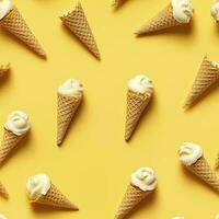 AI generated Ice Cream pattern on yellow background, top view. AI Generated photo