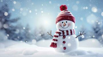 AI generated Happy snowman in the winter scenery. AI Generated photo