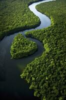 ai generado aéreo ver de el amazonas selva paisaje con río doblar. generativo ai foto