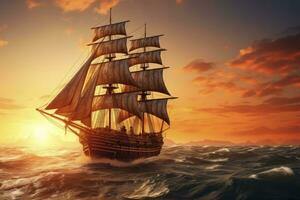 ai generado pirata Embarcacion navegación en el Oceano a puesta de sol. Clásico crucero. ai generado foto