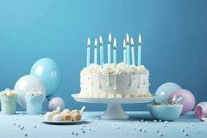 AI generated Birthday cake with candles and sweets on white table near blue wall. Generative AI photo