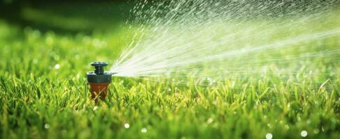 AI generated Automatic garden lawn sprinkler in action watering grass. AI Generated photo