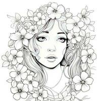 AI generated A girl on a coloring book page with Jasmine flowers. AI Generated photo