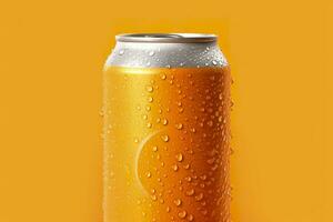 AI generated Can of fresh soda with water drops on orange background, closeup. Generative AI photo