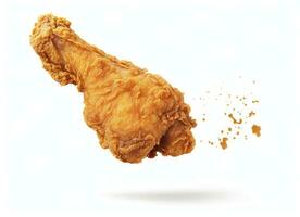 AI generated Fried chicken leg falling in the air isolated on a white background. AI Generated. photo