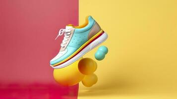 AI generated Flying trendy sneakers on creative colorful background, Stylish fashionable concept. AI Generated photo
