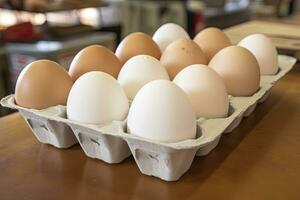 ai generado cerca arriba de abierto caja de cartón de Fresco Tienda compró blanco huevos. ai generado foto