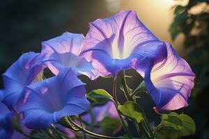 AI generated Morning Glory vine unfurling its delicate petals in the morning light. AI Generated photo