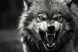 AI generated Greyscale closeup shot of an angry wolf with a blurred background. AI Generated photo