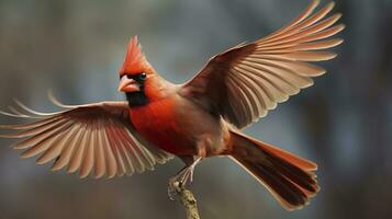 AI generated Northern Cardinal coming in for a landing. Generative AI photo