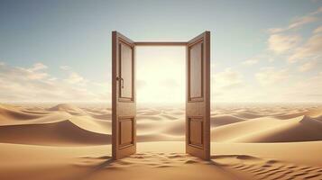 AI generated The opened door on the desert. Unknown and start up concept. AI Generated. photo