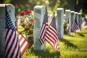 AI generated Military Headstones and Gravestones Decorated With Flags for Memorial Day.  AI Generated photo