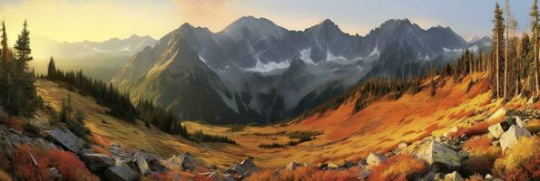 AI generated Panorama mountain autumn landscape. AI Generated photo