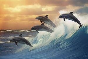 AI generated Playful dolphins jumping over breaking waves. Hawaii Pacific Ocean wildlife scenery. Generative AI photo