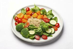 AI generated Salad with quinoa, spinach, broccoli, tomatoes, cucumbers and carrots. AI Generated photo