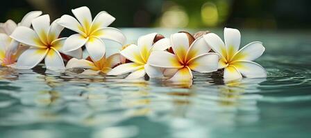 ai generado plumeria flores en verde hoja flotante en agua. un pacífico y sereno escena con un toque de naturaleza y belleza. ai generado foto