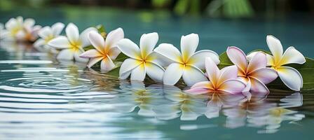 ai generado plumeria flores en verde hoja flotante en agua. un pacífico y sereno escena con un toque de naturaleza y belleza. ai generado foto