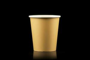 AI generated Side view yellow empty disposable paper fast food cup isolated on black background. Generative AI photo