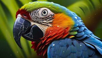 ai generado tropical guacamayo encaramado, vibrante plumas en enfocar. generativo ai foto