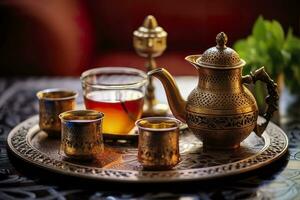 AI generated Traditional Moroccan tea set with decorative teapots, glasses, and mint leaves. Generative AI photo