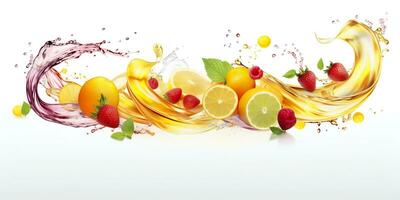 AI generated Swirl water splash with fruits. liquid flow with ice cubes and a mix of fresh fruits. Generative AI photo