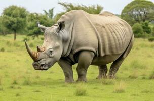 AI generated White Rhino grazing. AI Generated photo