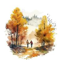 ai generado acuarela otoño paisaje con un Pareja caminando. ai generado foto