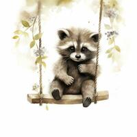 AI generated Cute baby raccoon in watercolour style, sitting on swings attached to the tree. AI Generated photo