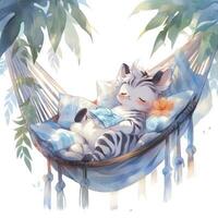 AI generated A sleepy baby zebra in a hammock. watercolor illustrations. AI Generated photo