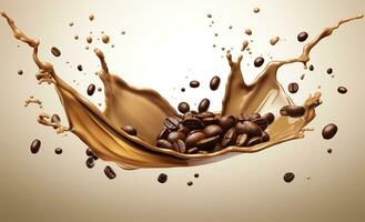 AI generated hot liquid coffee splash with Coffee Bean falling, 3d illustration. AI Generated photo