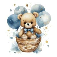 AI generated A watercolor baby teddy bear is sitting in the basket with blue and gold balloons. AI Generated photo