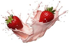 AI generated milk or yogurt splash with strawberries isolated on white background, 3d rendering. AI Generated photo