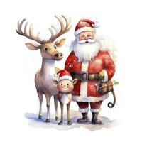 AI generated Cute Santa Claus standing with reindeer. AI Generated photo