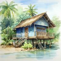 AI generated A watercolored bright serene image of a traditional bahay kubo. AI Generated photo