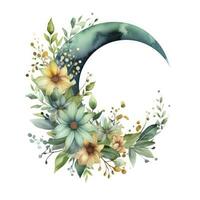 AI generated Watercolor floral Moon with greenery on a white background. AI Generated photo