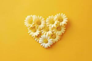 AI generated Yellow Heart Shaped By Yellow Daisies Over Yellow Background. AI Generated photo