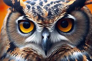 AI generated Owl headshot with closeup of face. Generative AI photo