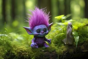 AI generated Tale troll with crystals in the forest, natural green background. Generative AI photo