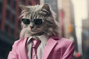 AI generated A cat is wearing sunglasses, suit and standing on street. AI Generated photo